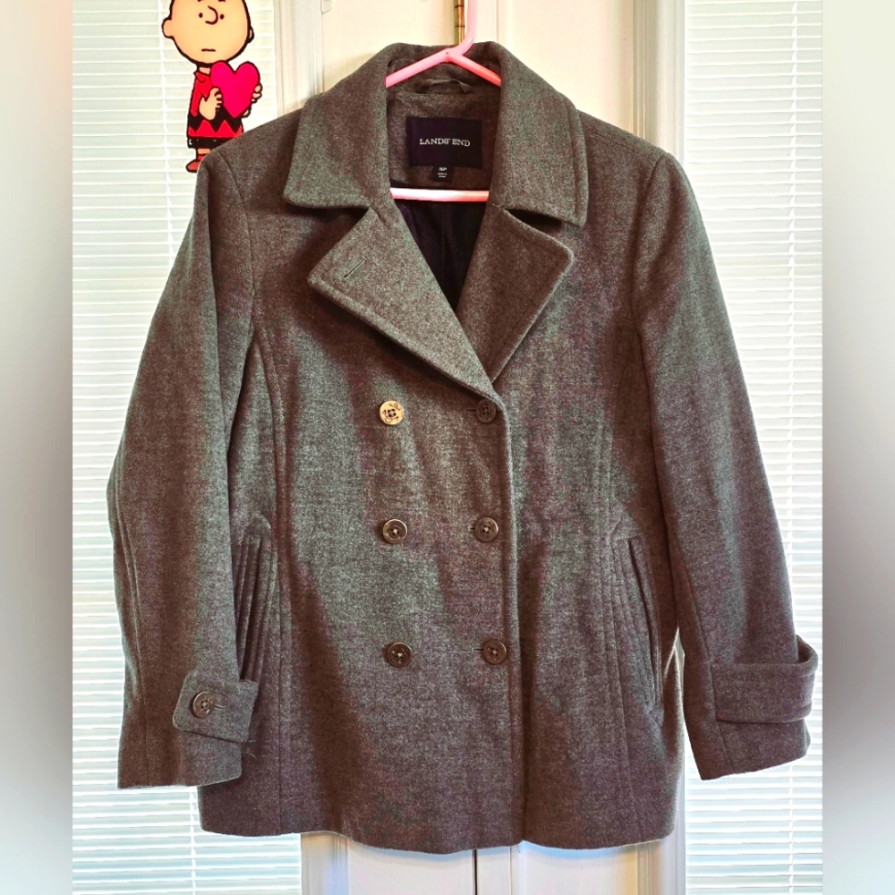 Lands End Double Breasted Peacoat Wool Cashmere Blend 16P